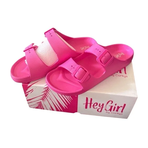 Hey Girl by Corkys Womens Pink EVA Double Strap Buckle Slide Sandals Size 10 New - Picture 2 of 7